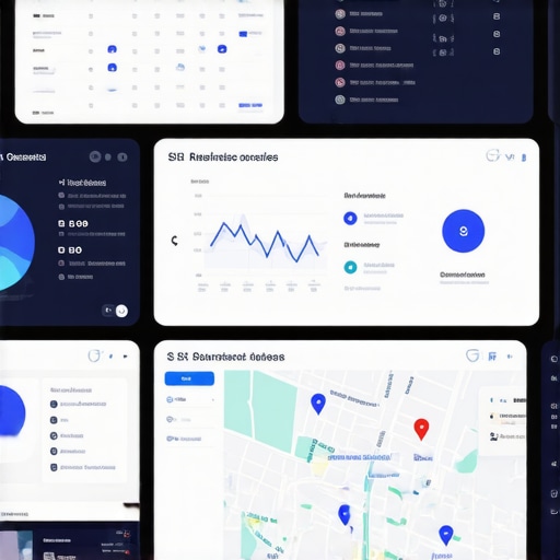 A digital workspace showing SEO analytics, local map data, and AI tools for local search optimization.