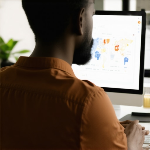 Business owner analyzing local SEO performance on a computer with maps and analytics charts