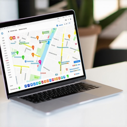 Business owner working on Google My Business profile on laptop with local map