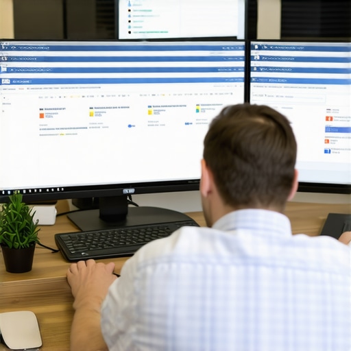 Person analyzing local SEO data on multiple screens, illustrating tools used for maintaining map rankings.