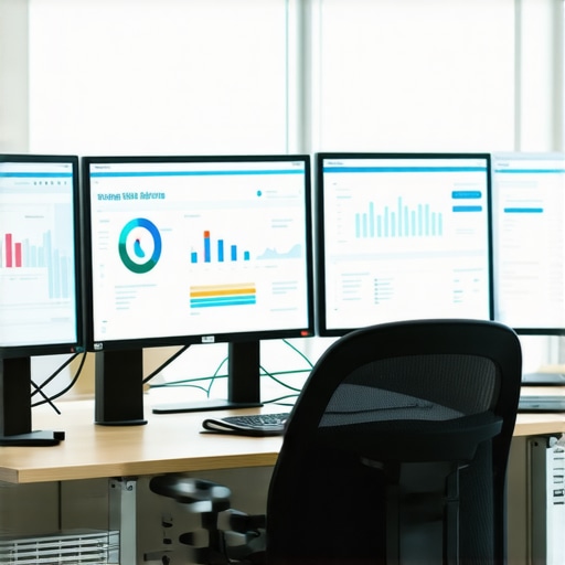 A desk with monitors displaying local search rankings, citation data, and review management dashboards.