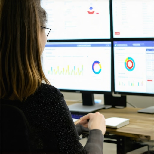 A workspace setup showing screens with local SEO analytics and Google My Business management tools.