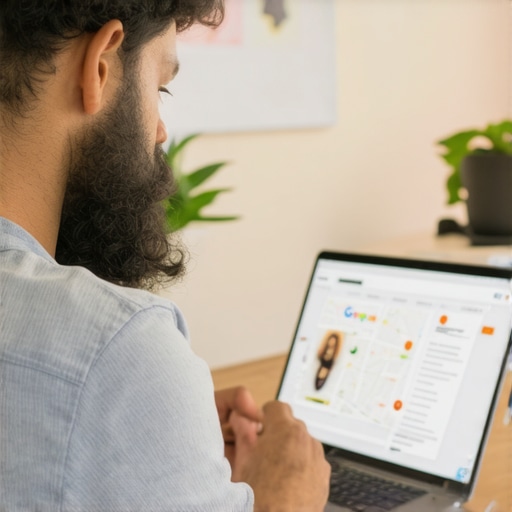 Business owner updating Google My Business profile on laptop