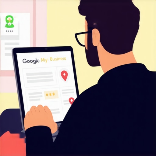 Business owner updating Google My Business profile on laptop with maps and review icons.