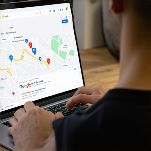 Business owner editing Google My Business profile on laptop with maps and analytics
