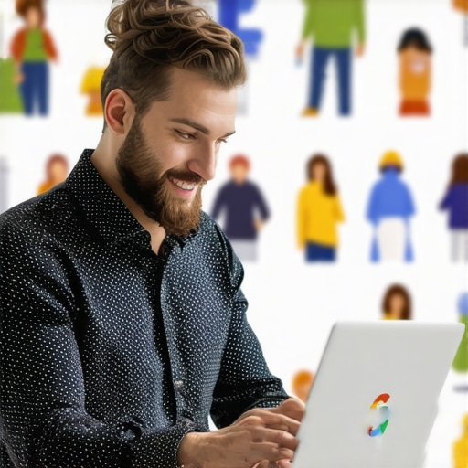Business owner updating Google My Business profile on laptop with community background.