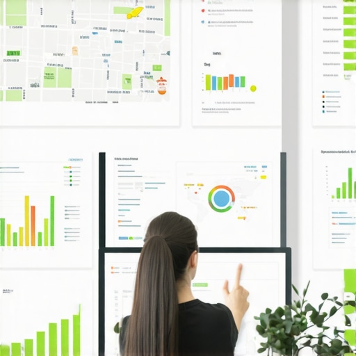 Person reviewing local SEO metrics on a computer display with maps and analytics.