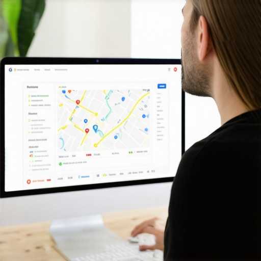 Business owner editing Google My Business profile on a laptop with local map interface.