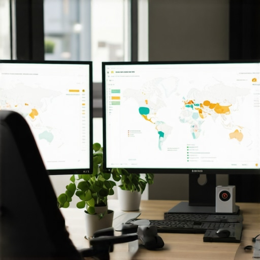 Workspace with Local SEO Analytics Tools A professional workspace showing monitors with local SEO and map data analysis.