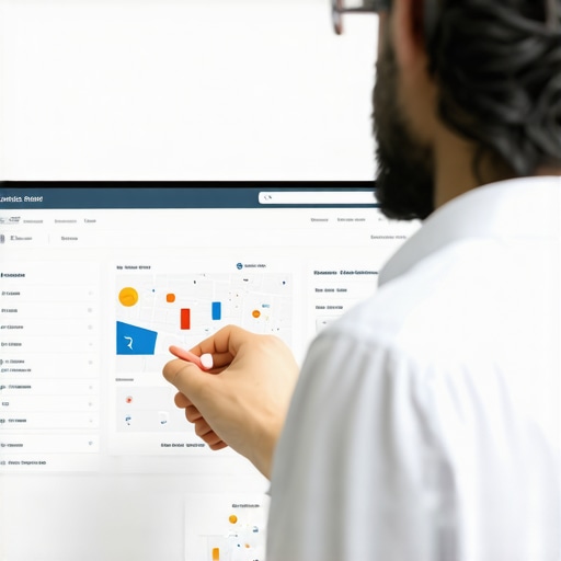 Business owner studying digital dashboard showing local map rankings and analytics.