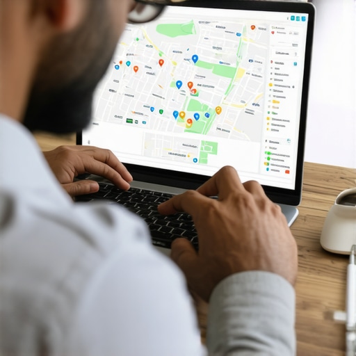 Business owner reviewing local map analytics on a laptop.