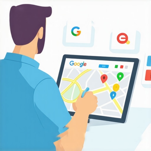 Business owner updating Google My Business profile on a laptop, surrounded by digital maps and SEO icons.