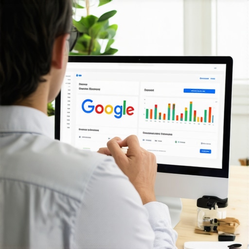 Business owner updating Google My Business profile with SEO data on screen.