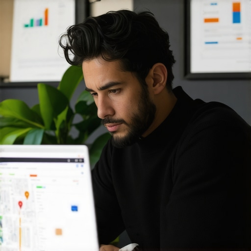 Business owner updating Google My Business profile on a laptop with maps and analytics charts.