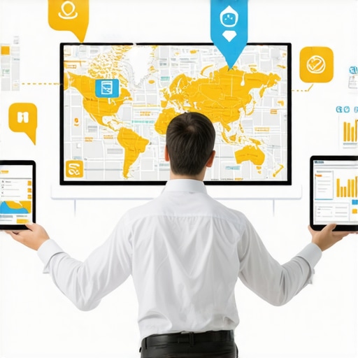 Business professional working on digital maps and local SEO signals across screens