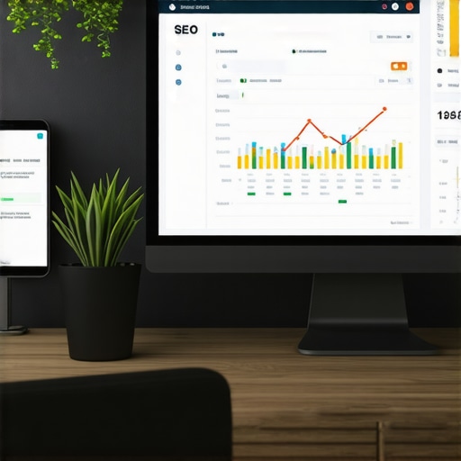 A workspace setup with various SEO tools open on a computer monitor, analyzing local search rankings.