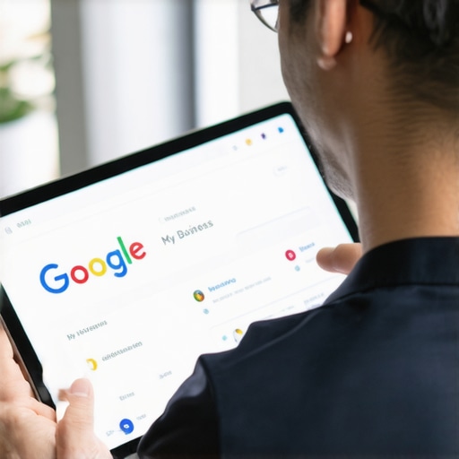 Business owner verifying local business listing on digital tablet