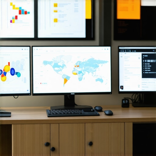 Workspace with analytics and geo-mapping software dashboards