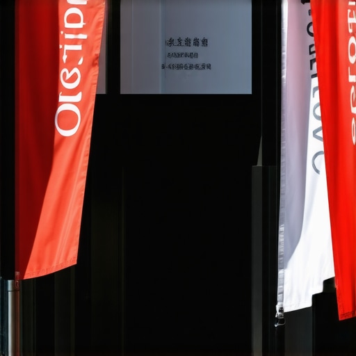 Front of a storefront with visible signage and entrance flags.